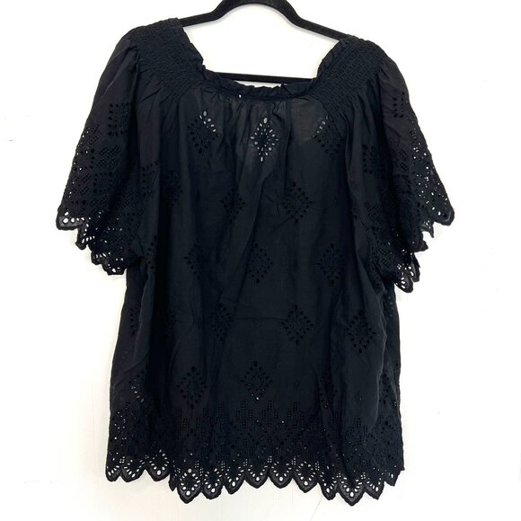 Adiva Top Black Eyelet Embroidered Tassel Tie Scalloped Hem 3X - Picture 6 of 6